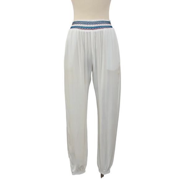 SHORE San Juan Split Leg Pants White Multi Color Smocked Waist Size S NWT - Picture 1 of 14